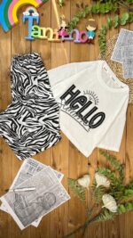 کد 0169 سایز 50 تا 55 تا 60 ست دخترانه پارچه پنبه طرحHello گورخری