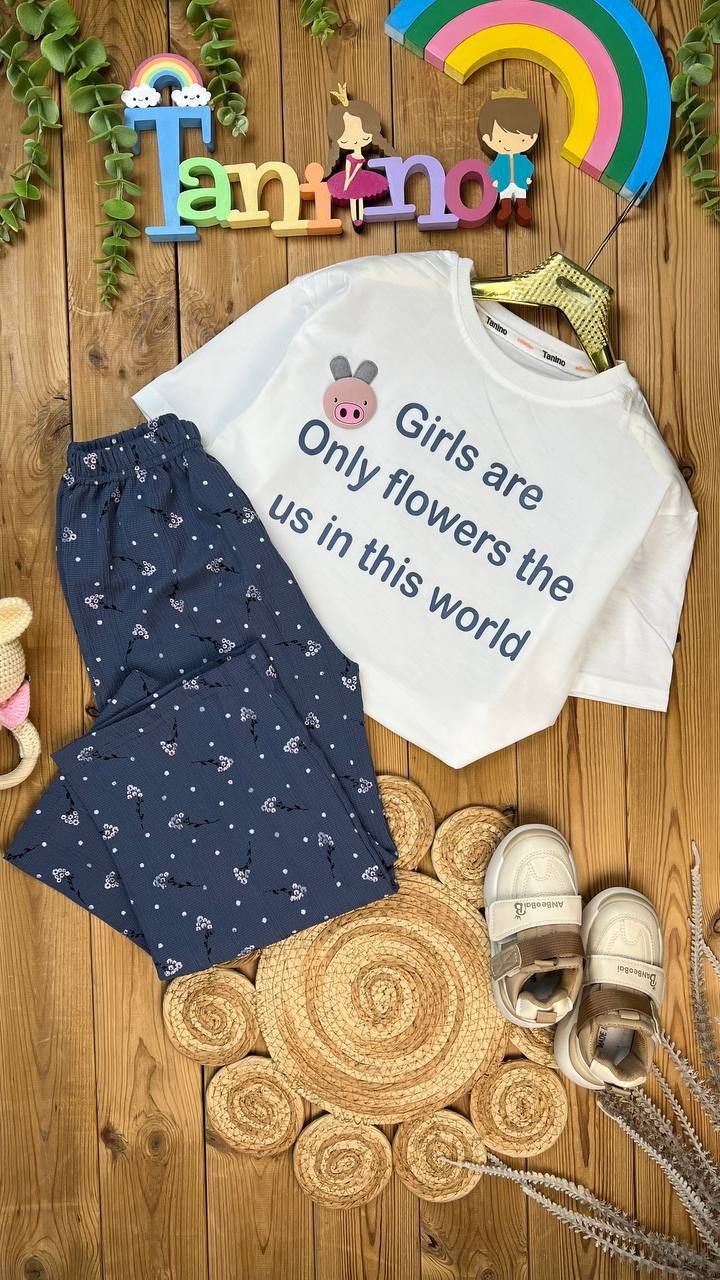 -2147483648_-283502 کد 975 سایز 50 تا 55 تا 60 ست دخترانه طرح لاتین با شلوار کاملت - Image 1