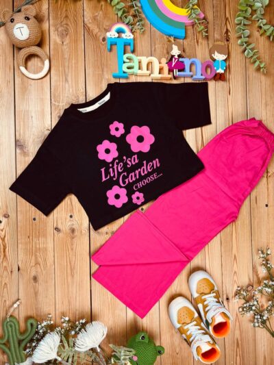 کد ۳۳۶۶ سایز 50.55 ست دخترانه با شلوار لنین طرح گل Life