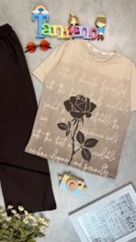 کد ۲۴۵۴ سایز ۶۰ تا ۶۵ تیشرت و شلوار دخترانه طرح گل رز پارچه یکرو پنبه و شلوار دورس پنبه با کیفیت عالی
