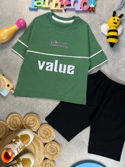 کد ۵۳۴۵ سایز ۵۰ تا۵۵ تیشرت شلوارک پسرانه طرح value پارچه یکرو پنبه با شلوارک یکرو پنبه لاکرا با کیفیت عالی