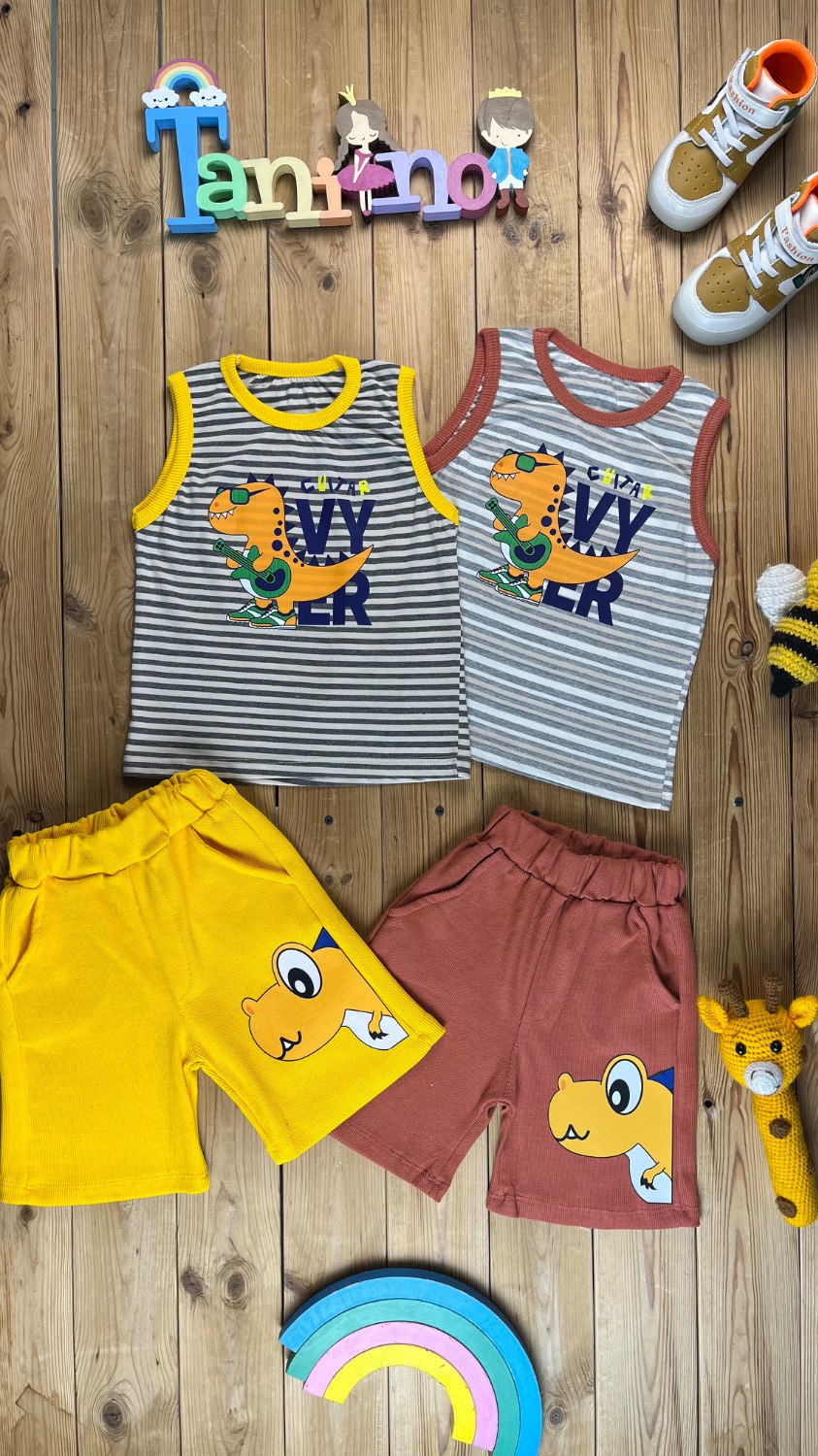 IMG_20260530_144239 کد ۵۳۶۰ سایز ۴۰ تا ۴۵ تاپ و شلوارک پسرانه طرح دایناسور پارچه یکرو پنبه راه راه با شلوارک جیب دار کمر غلفتی پارچه کش پنبه با کیفیت بینظیر - Image 1