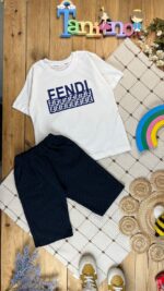 کد ۵۳۵۲ سایز ۴۵/۵۰/۵۵ تیشرت شلوارک پسرانه طرح FENDI پارچه پنبه سوپر با شلوارک جیب دار کمر غلفتی پارچه فندی کامپیوتری با کیفیت عالی - Image 2