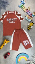 کد ۷۰۹۶ سایز ۵۰/۵۵ تیشرت شلوارک پسرانه طرح BASKET BALL پارچه یکرو پنبه سوپر با کیفیت عالی