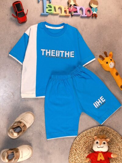 کد ۵۳۴۷ سایز ۵۰ تا ۵۵ تیشرت شلوارک پسرانه طرح THEOTHE پارچه یکرو پنبه با کیفیت عالی