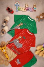 کد ۲۴۹۵ سایز ۳۵/۴۰/۴۵ تیشرت شلوارک پسرانه طرح دایناسور پارچه یکرو پنبه با کیفیت عالی