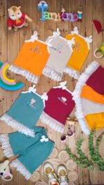 کد ۳۵۰۷ سایز ۳۰ تا ۳۵ تاپ شلوارک گیپور دوزی شده دخترانه طرح نوشته رنگی پارچه کش پنبه با کیفیت عالی - Image 2