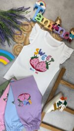 کد ۹۹۳ سایز 45/50 تاپ شلوارک دخترانه طرح توتفرنگی پارچه یکرو پنبه سوپر - Image 2
