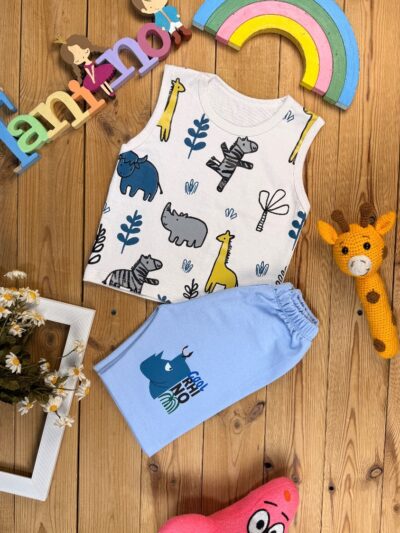 کد ۱۱۹۷ سایز ۳۵ تا۴۰ تاپ شلوارک پسرانه طرح حیوانات پارچه یکرو پنبه با شلوارک دورس پنبه با کیفیت عالی ❌️ چاپ شلوارک رندوم❌️