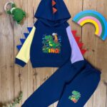 کد ۲۵۹۰ سایز ۳۵/۴۰/۴۵ ست پسرانه هودی شلوار طرح دایناسور پارچه دورس پنبه سوپر با کیفیت عالی