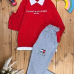 کد ۰۴۰۰ سایز ۵۵/۶۰/۶۵ ست پسرانه طرح TOMY پارچه دورس پنبه و شلوار جیب دار پارچه ملانژ با کیفیت عالی